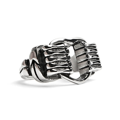 Stainless Steel Polished Heart Gripped By Bone Hands Ring
