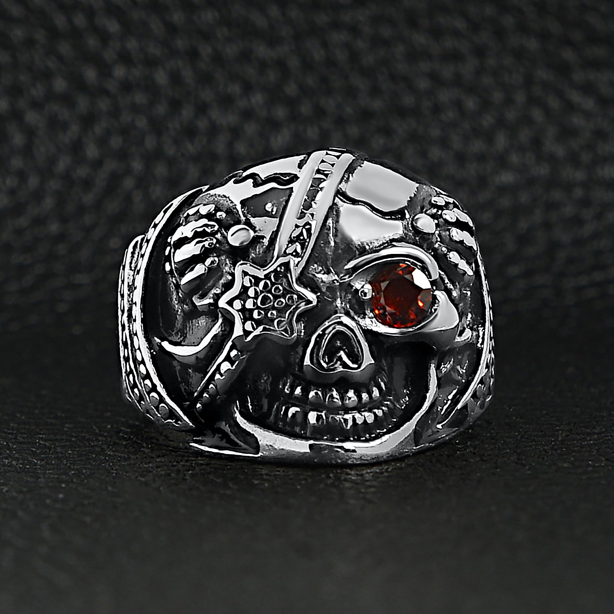Stainless Steel Skull With Red CZ Eye and Eyepatch Ring