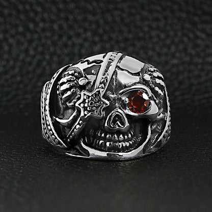 Stainless Steel Skull With Red CZ Eye and Eyepatch Ring