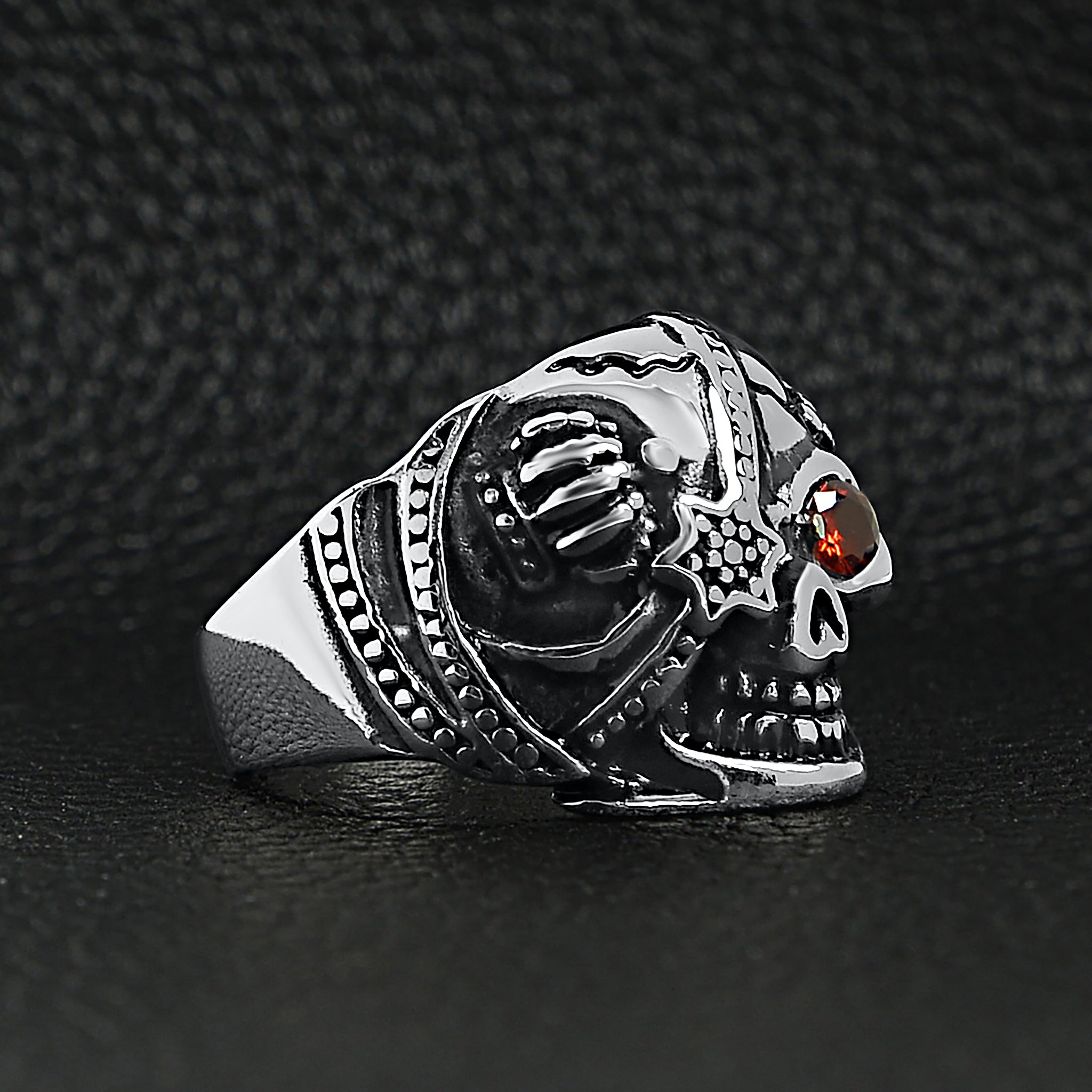 Stainless Steel Skull With Red CZ Eye and Eyepatch Ring