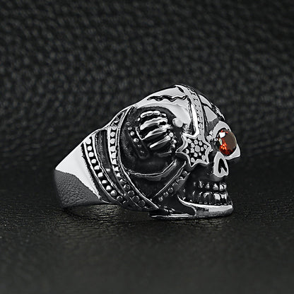Stainless Steel Skull With Red CZ Eye and Eyepatch Ring