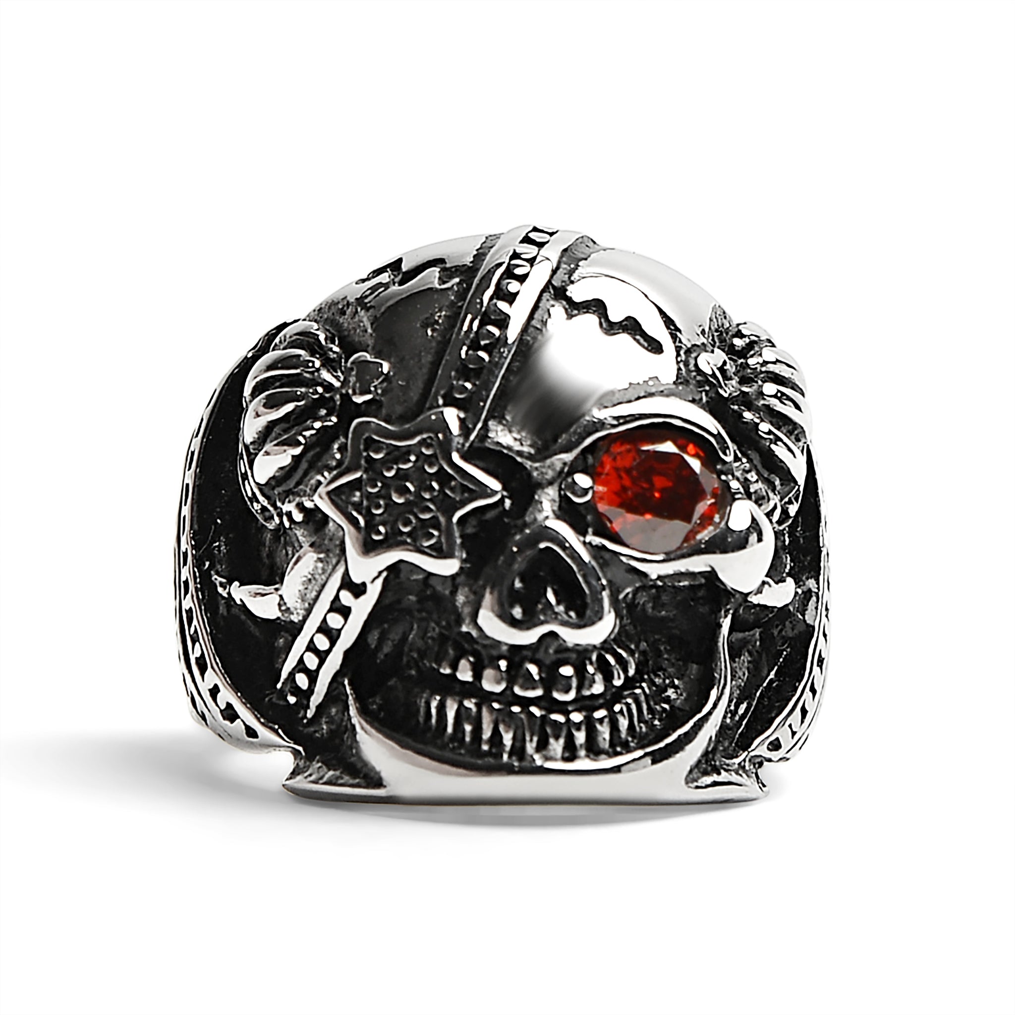 Stainless Steel Skull With Red CZ Eye and Eyepatch Ring