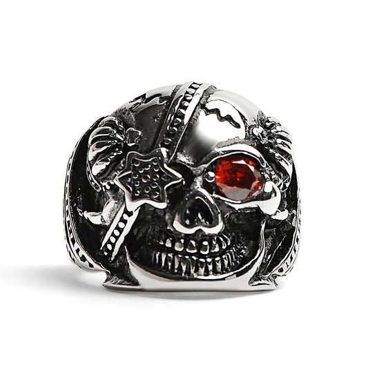 Stainless Steel Skull With Red CZ Eye and Eyepatch Ring
