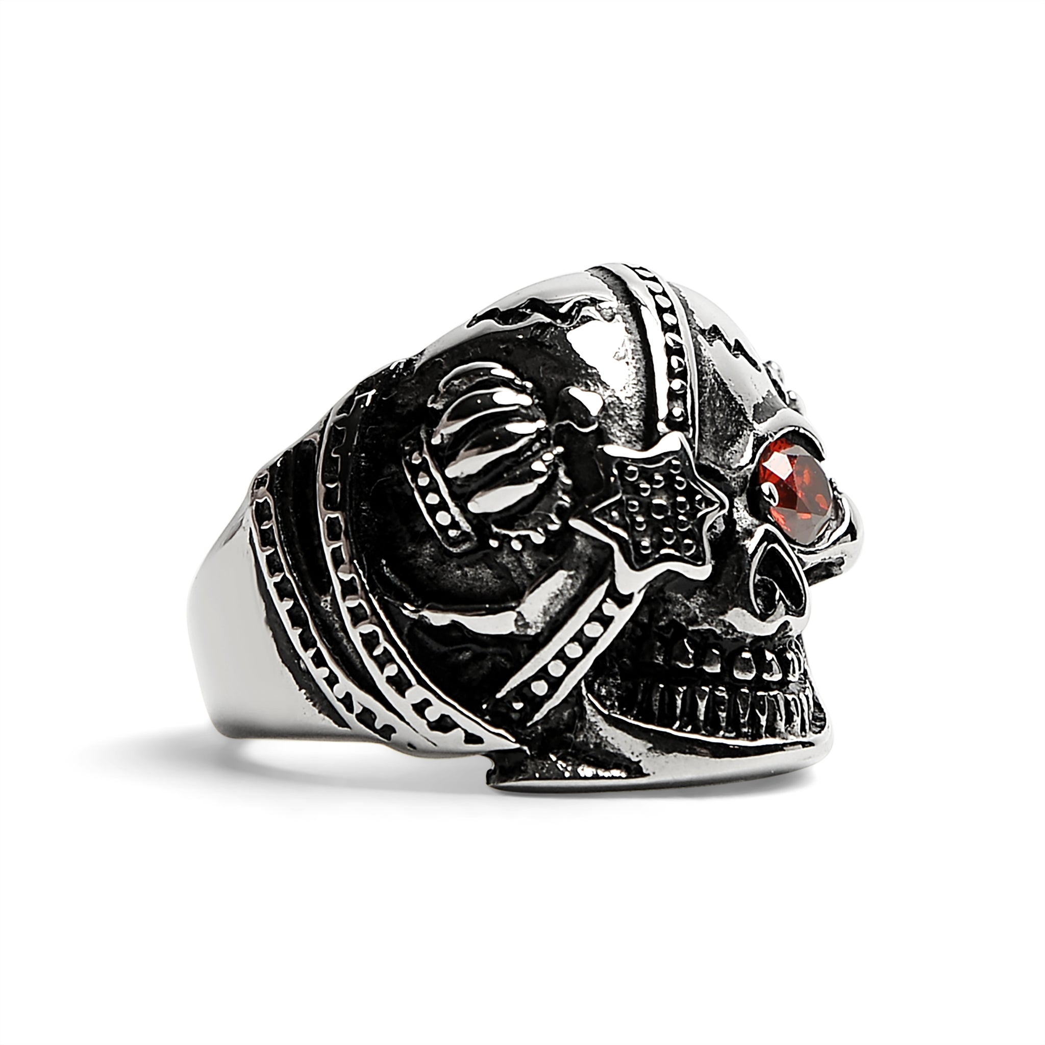 Stainless Steel Skull With Red CZ Eye and Eyepatch Ring