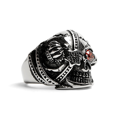 Stainless Steel Skull With Red CZ Eye and Eyepatch Ring