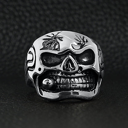 Stainless Steel Polished Skull With Cigar Ring