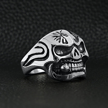 Stainless Steel Polished Skull With Cigar Ring