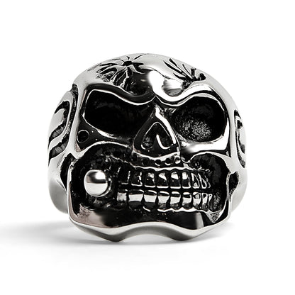 Stainless Steel Polished Skull With Cigar Ring