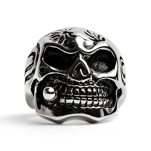 Stainless Steel Polished Skull With Cigar Ring