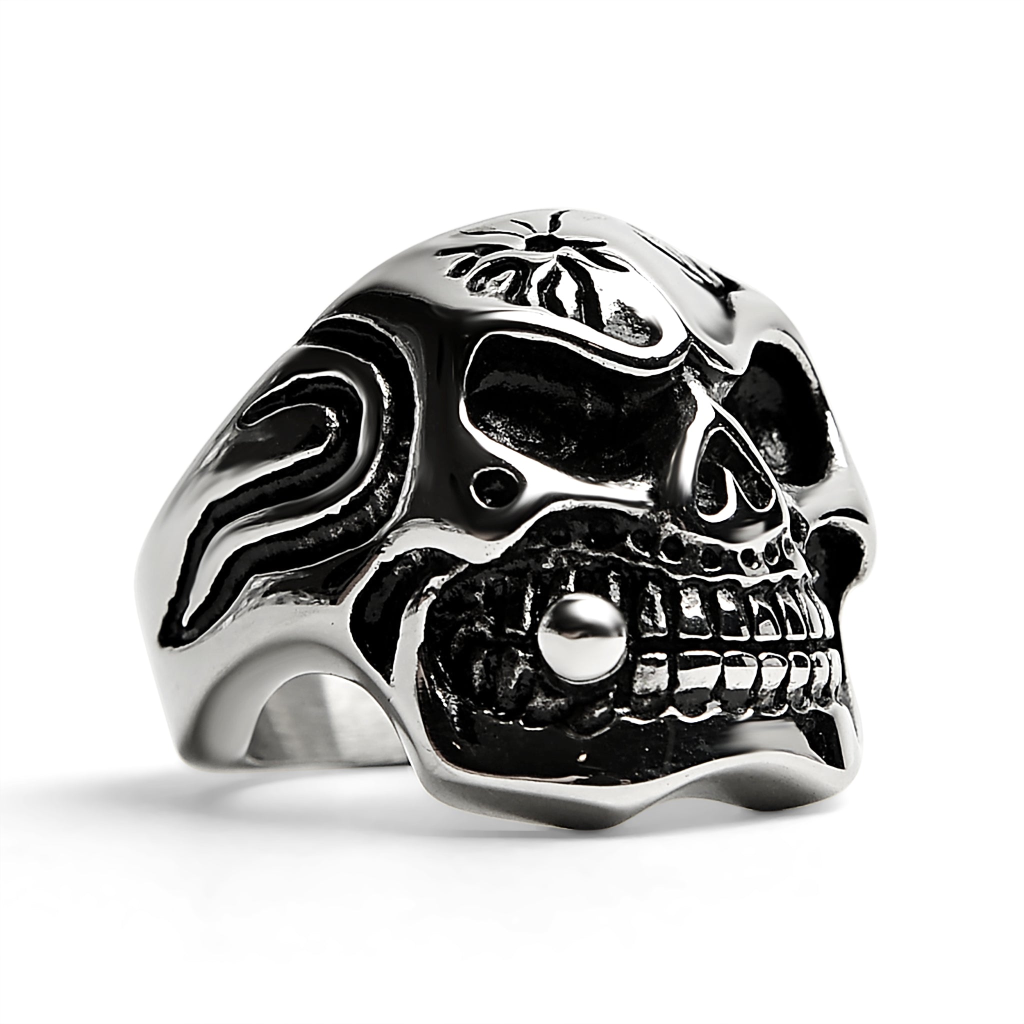 Stainless Steel Polished Skull With Cigar Ring