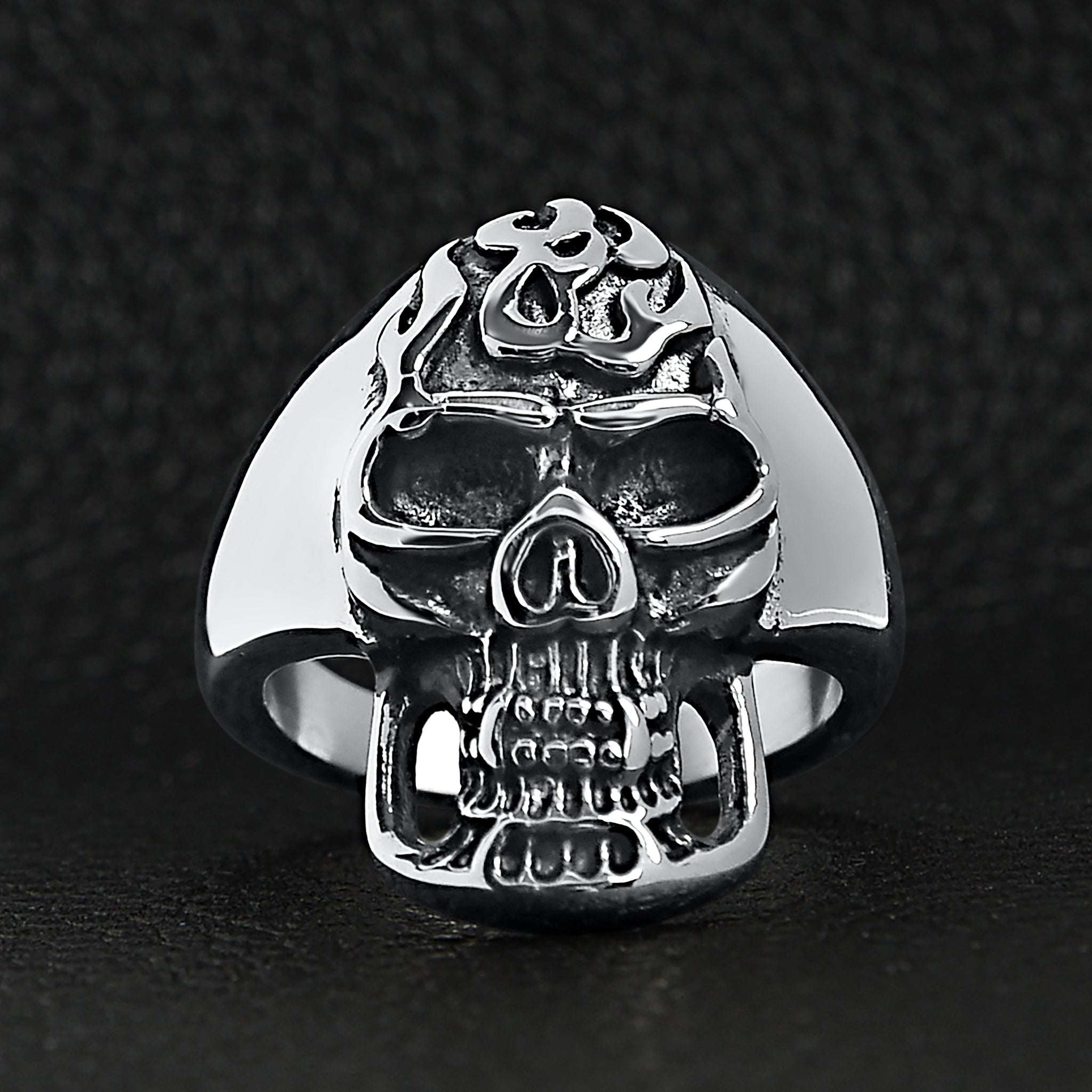 Stainless Steel Polished Flaming Skull Ring