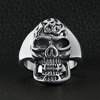 Stainless Steel Polished Flaming Skull Ring