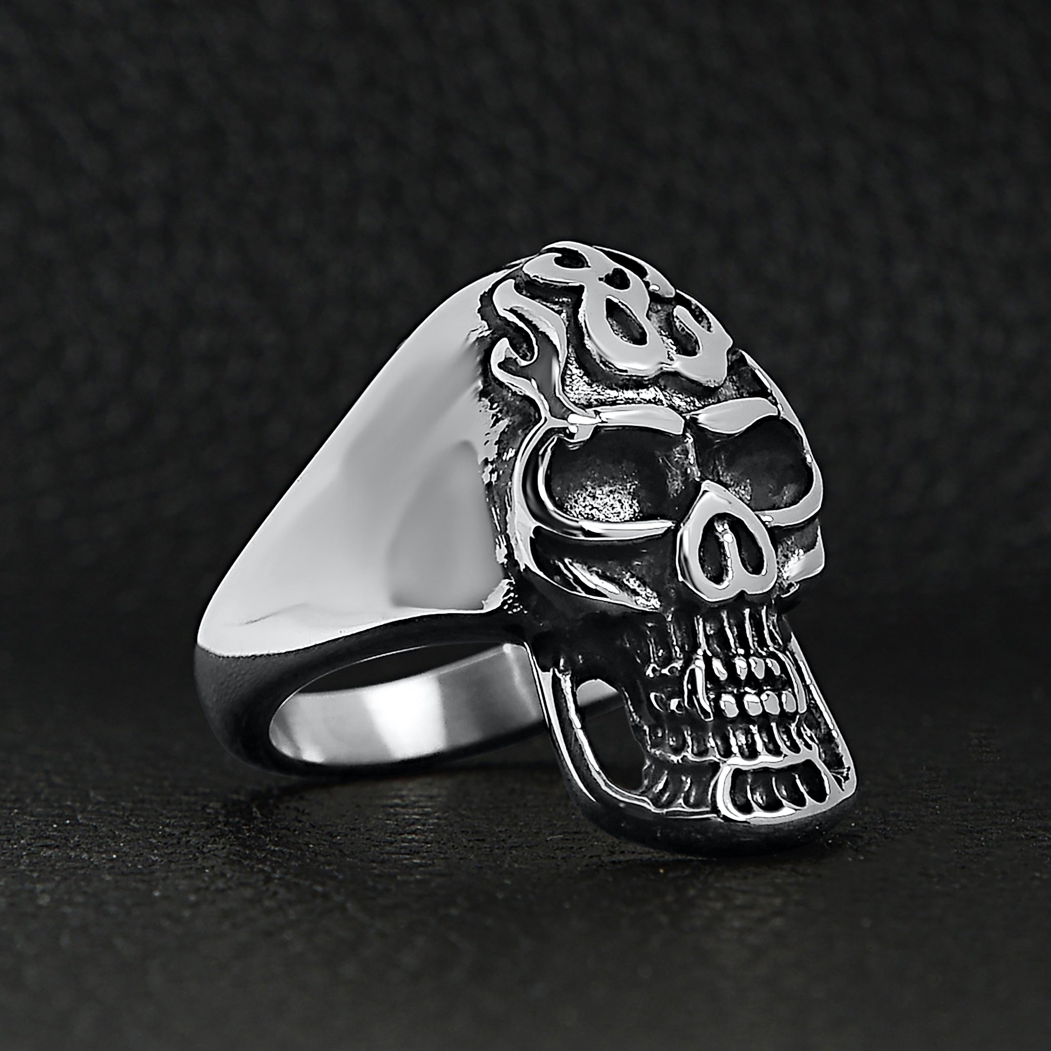 Stainless Steel Polished Flaming Skull Ring