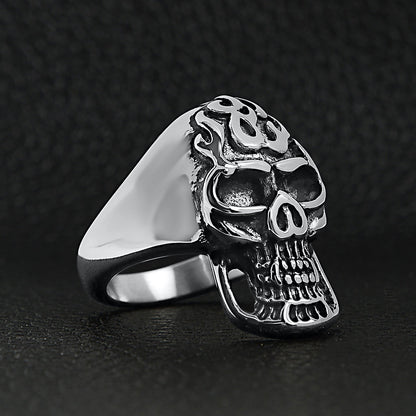Stainless Steel Polished Flaming Skull Ring
