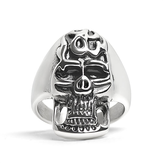 Stainless Steel Polished Flaming Skull Ring