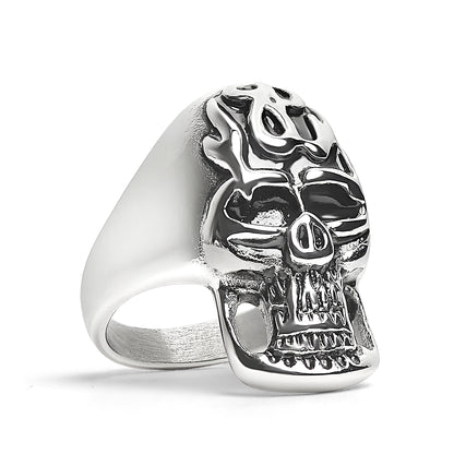 Stainless Steel Polished Flaming Skull Ring