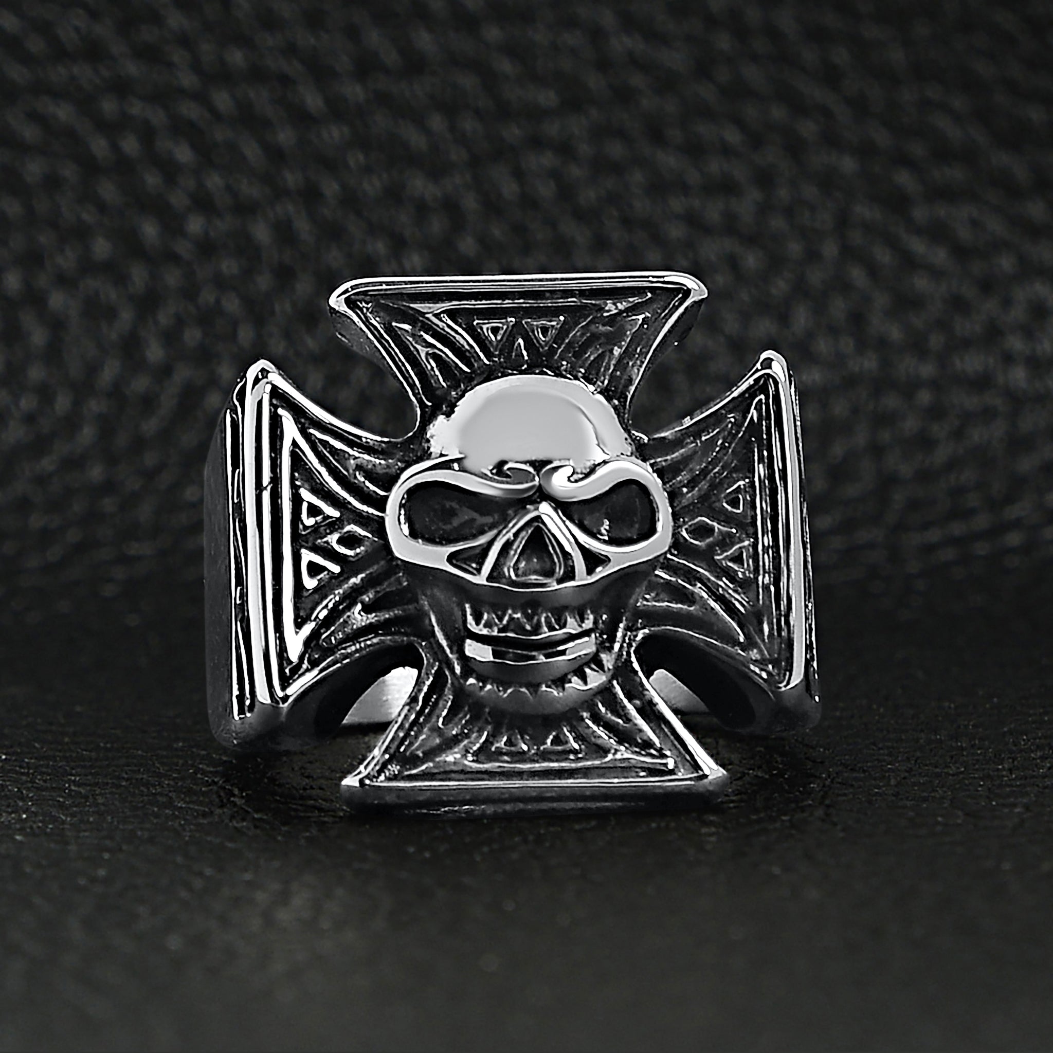 Stainless Steel Polished Skull Maltese Cross Ring