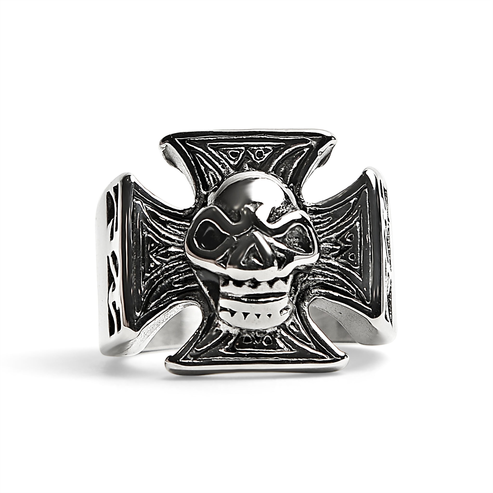 Stainless Steel Polished Skull Maltese Cross Ring