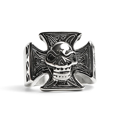Stainless Steel Polished Skull Maltese Cross Ring