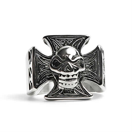 Stainless Steel Polished Skull Maltese Cross Ring