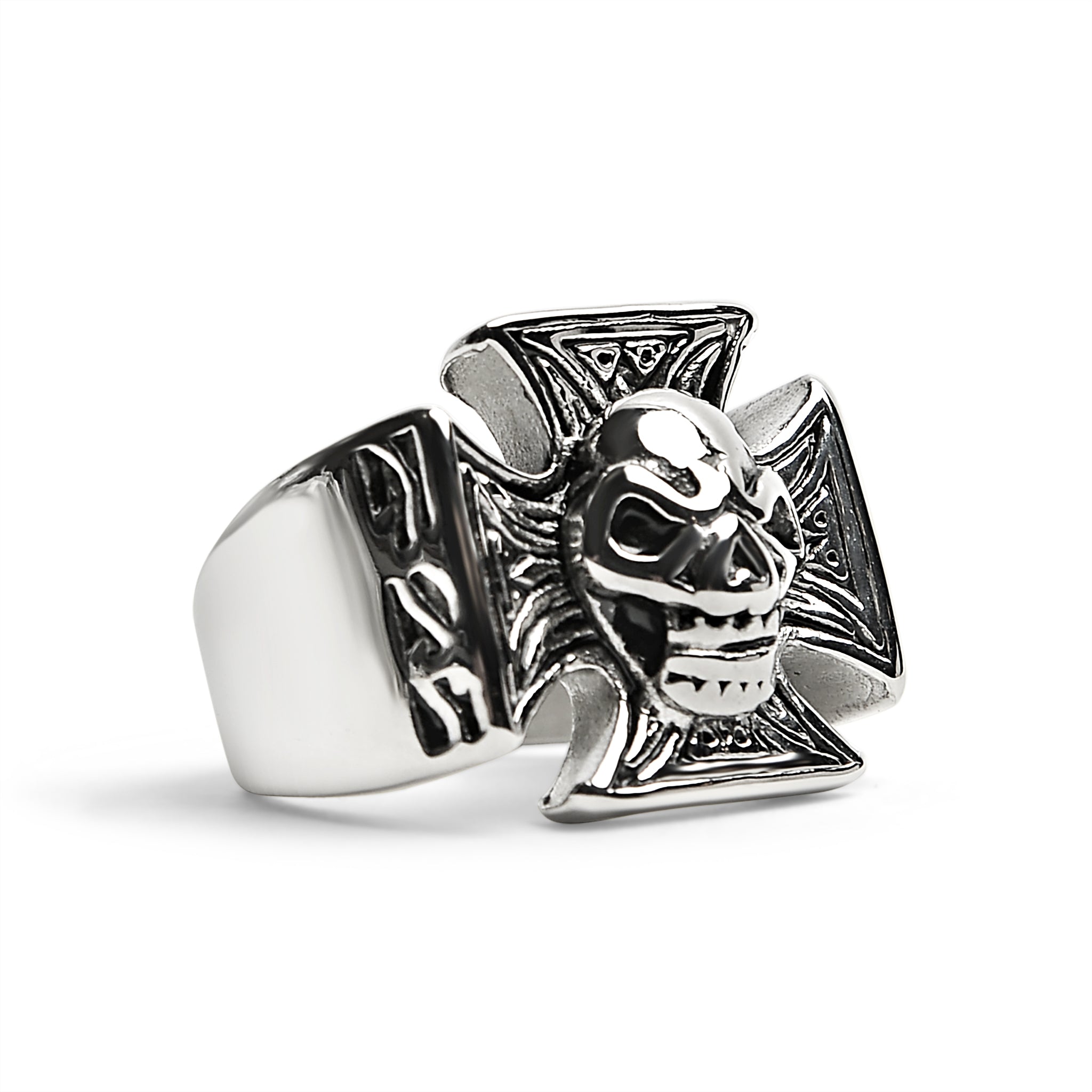 Stainless Steel Polished Skull Maltese Cross Ring