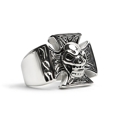 Stainless Steel Polished Skull Maltese Cross Ring