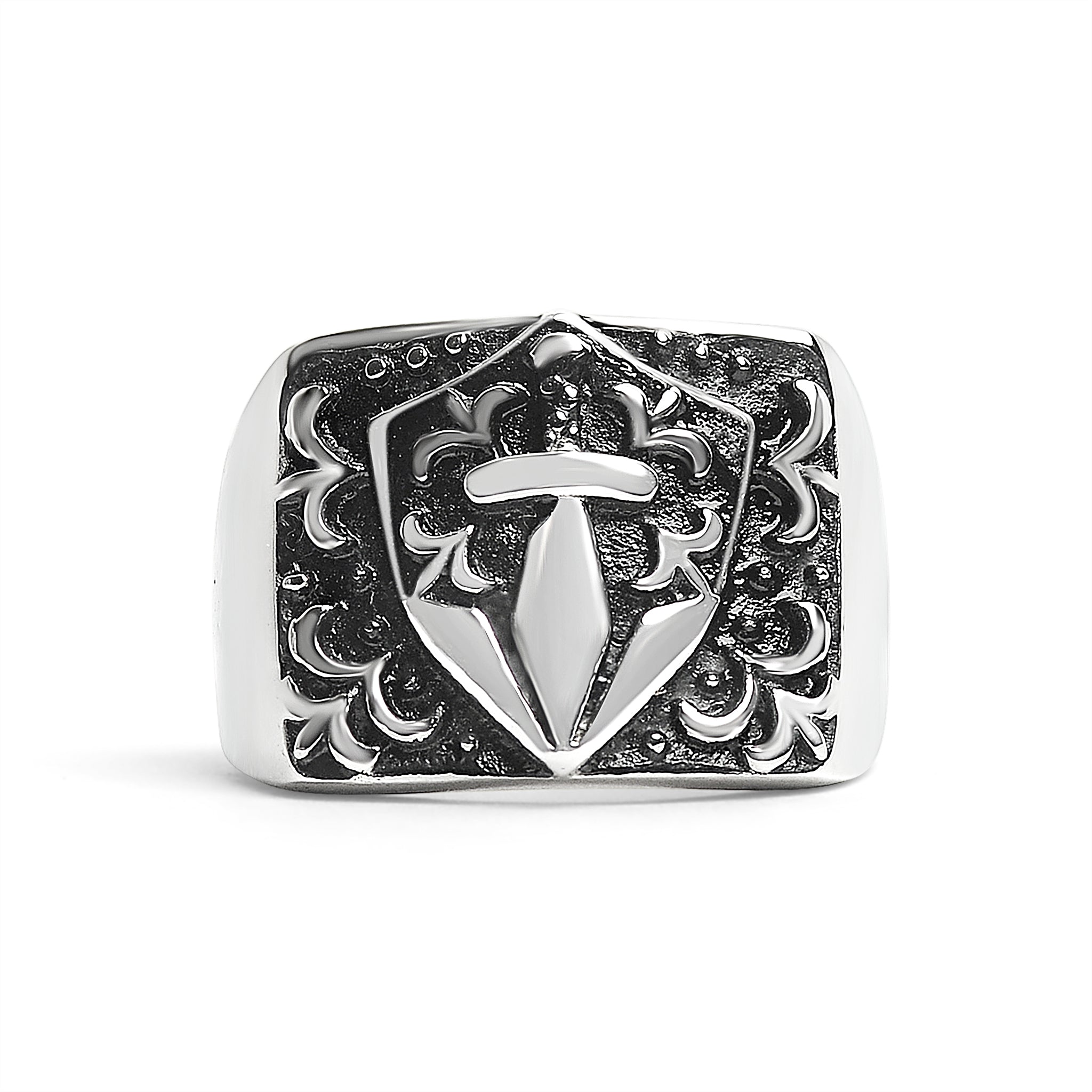 Stainless Steel Sword And Fleur De Lis Signet Ring