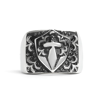 Stainless Steel Sword And Fleur De Lis Signet Ring