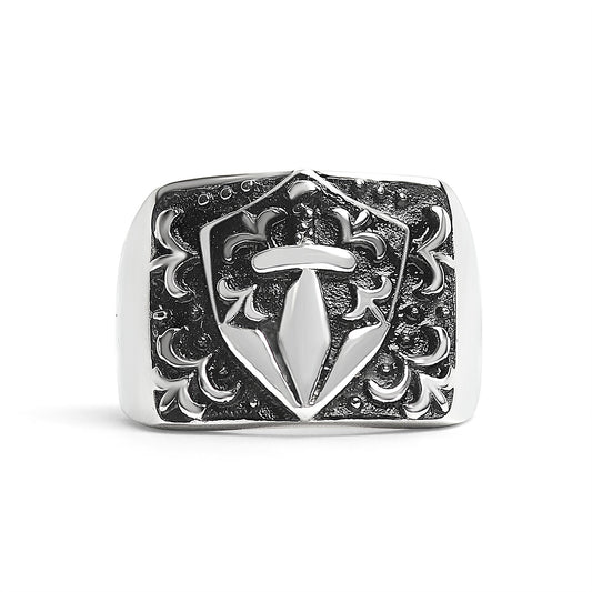 Stainless Steel Sword And Fleur De Lis Signet Ring