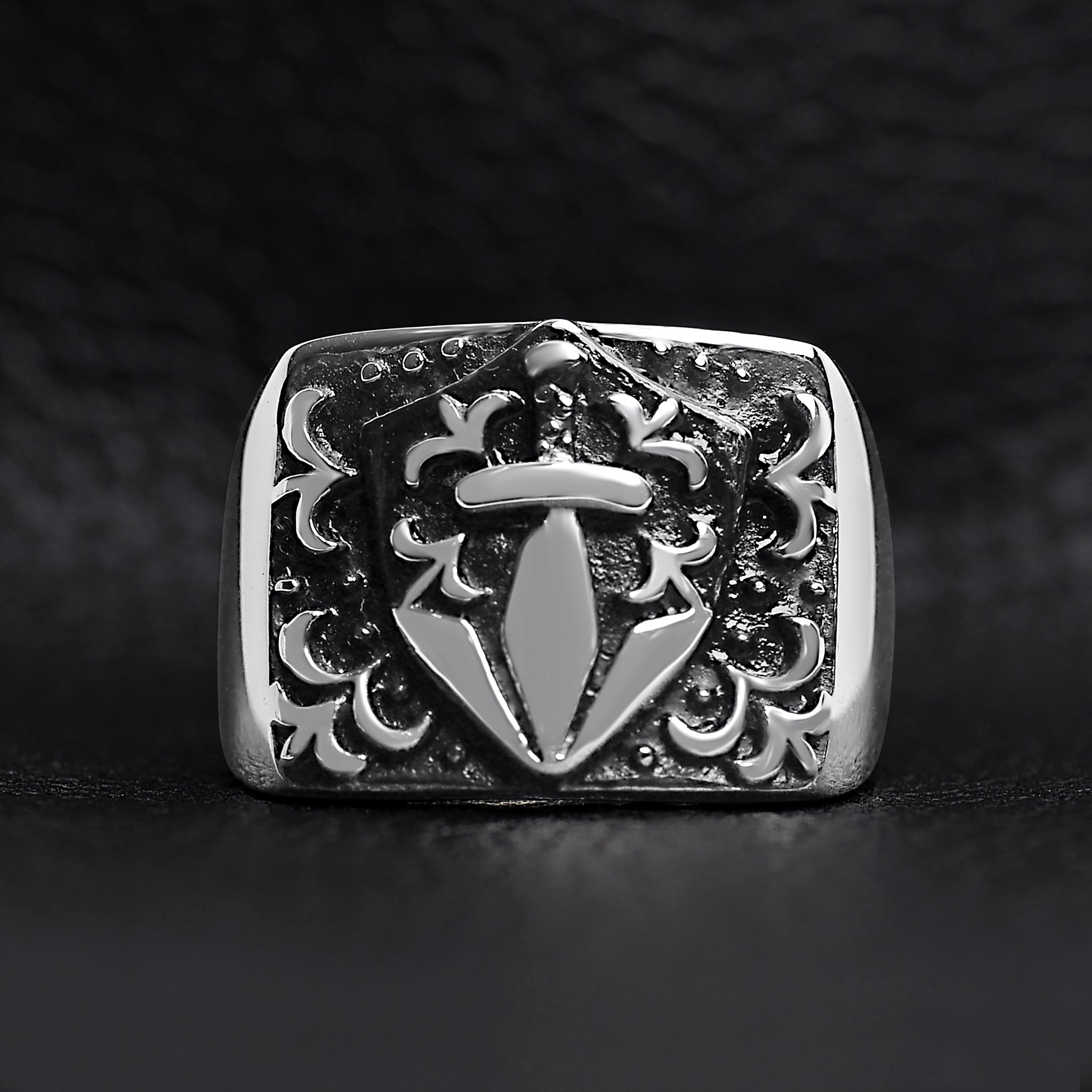 Stainless Steel Sword And Fleur De Lis Signet Ring