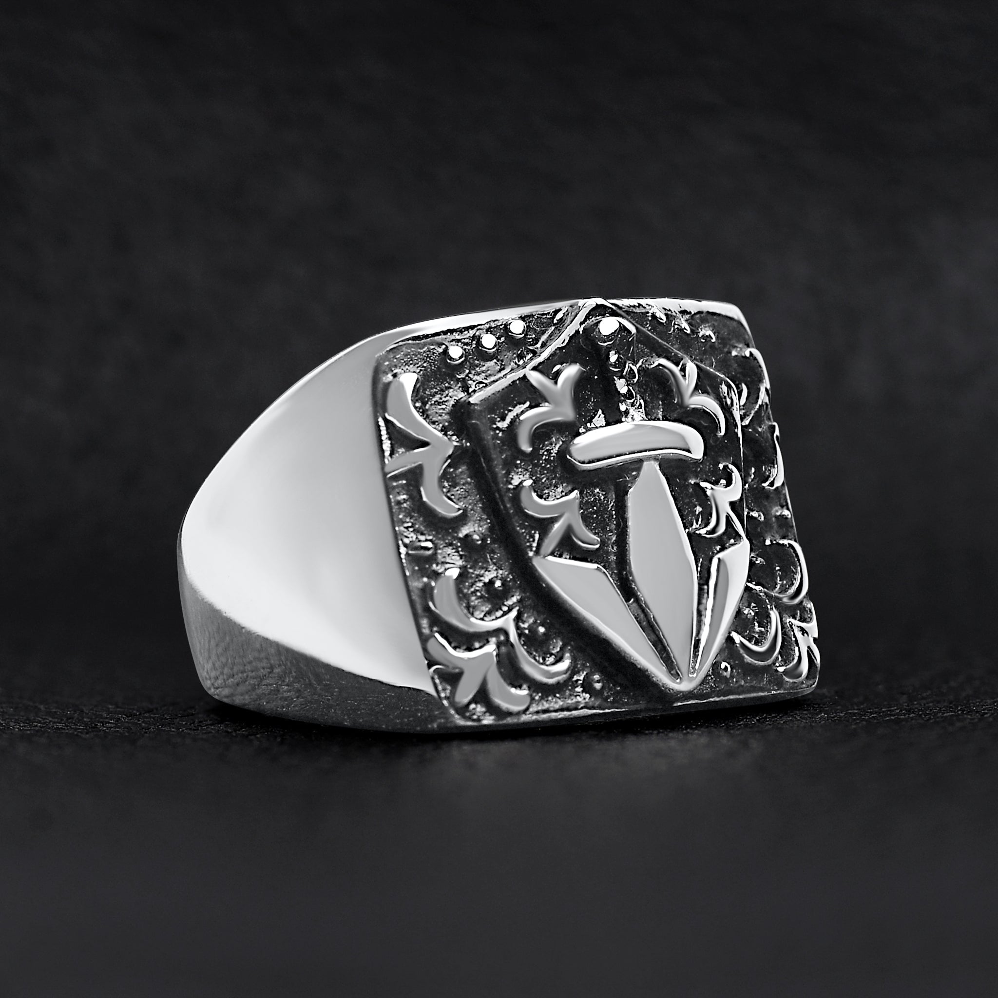 Stainless Steel Sword And Fleur De Lis Signet Ring