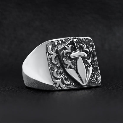Stainless Steel Sword And Fleur De Lis Signet Ring