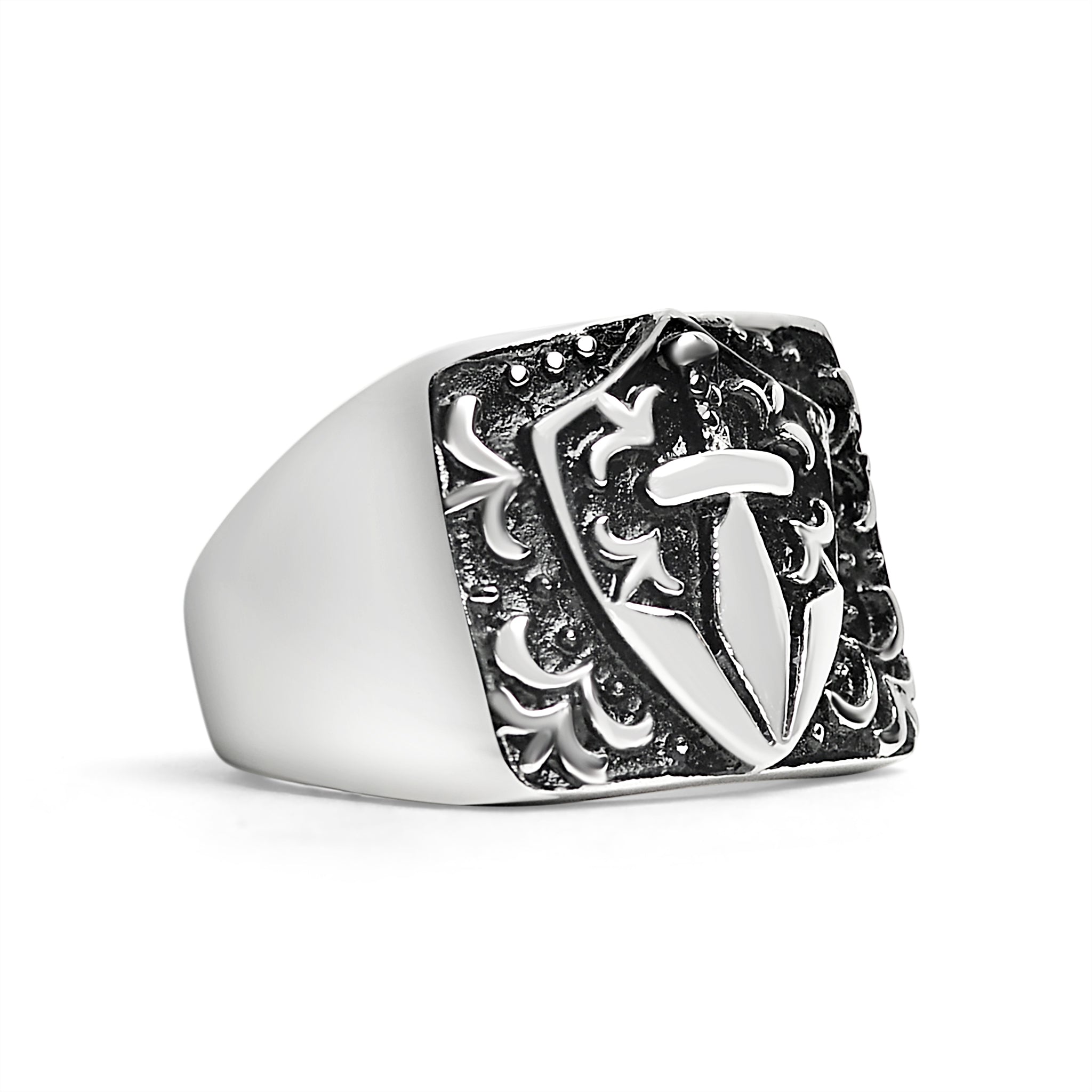 Stainless Steel Sword And Fleur De Lis Signet Ring
