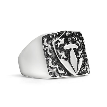 Stainless Steel Sword And Fleur De Lis Signet Ring