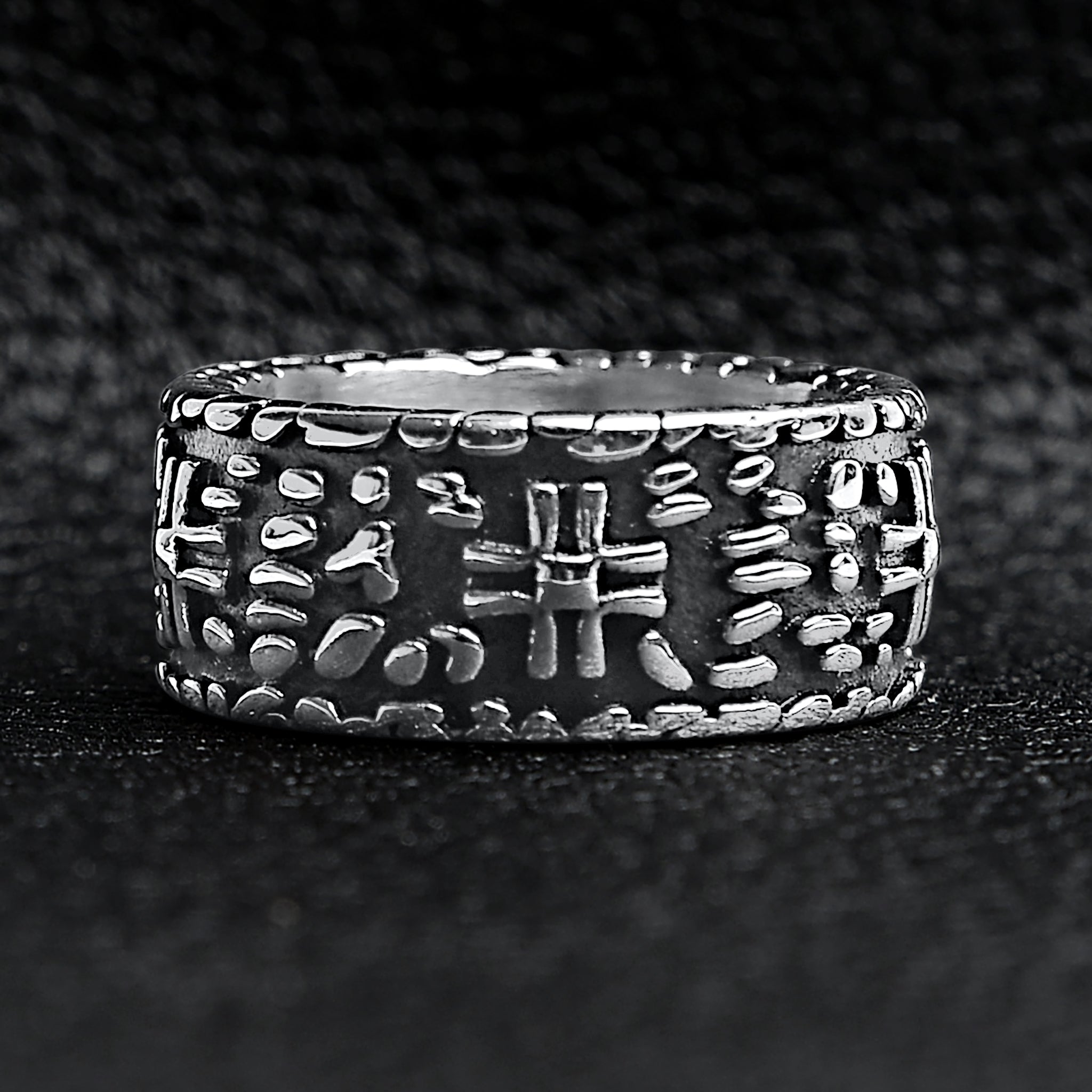 Detailed Cross In Stone Wall Stainless Steel Ring
