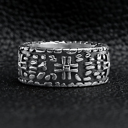 Detailed Cross In Stone Wall Stainless Steel Ring