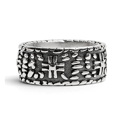 Detailed Cross In Stone Wall Stainless Steel Ring