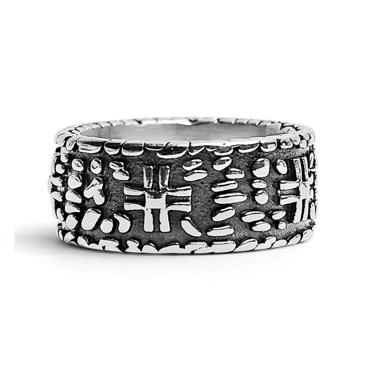 Detailed Cross In Stone Wall Stainless Steel Ring