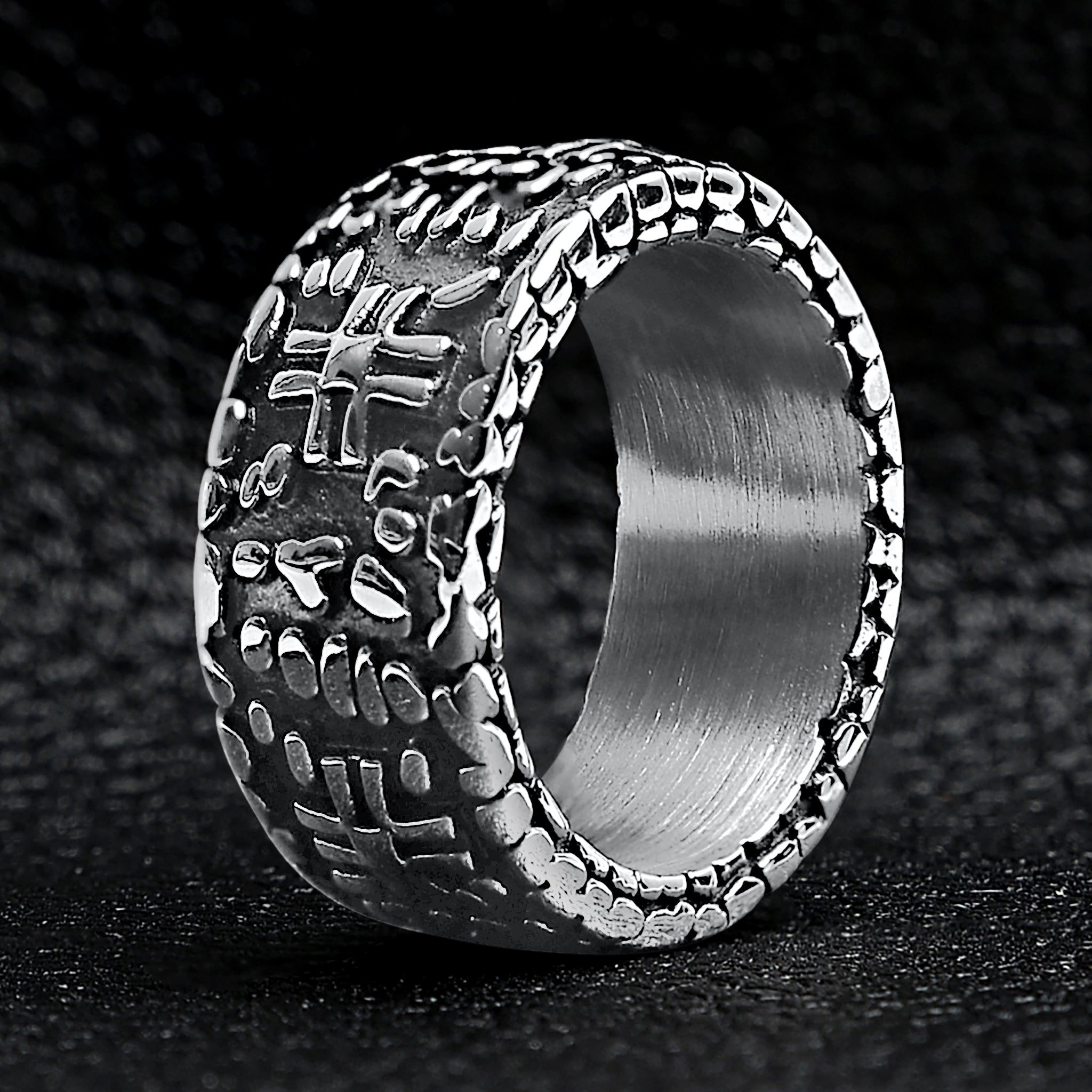 Detailed Cross In Stone Wall Stainless Steel Ring