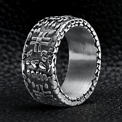 Detailed Cross In Stone Wall Stainless Steel Ring