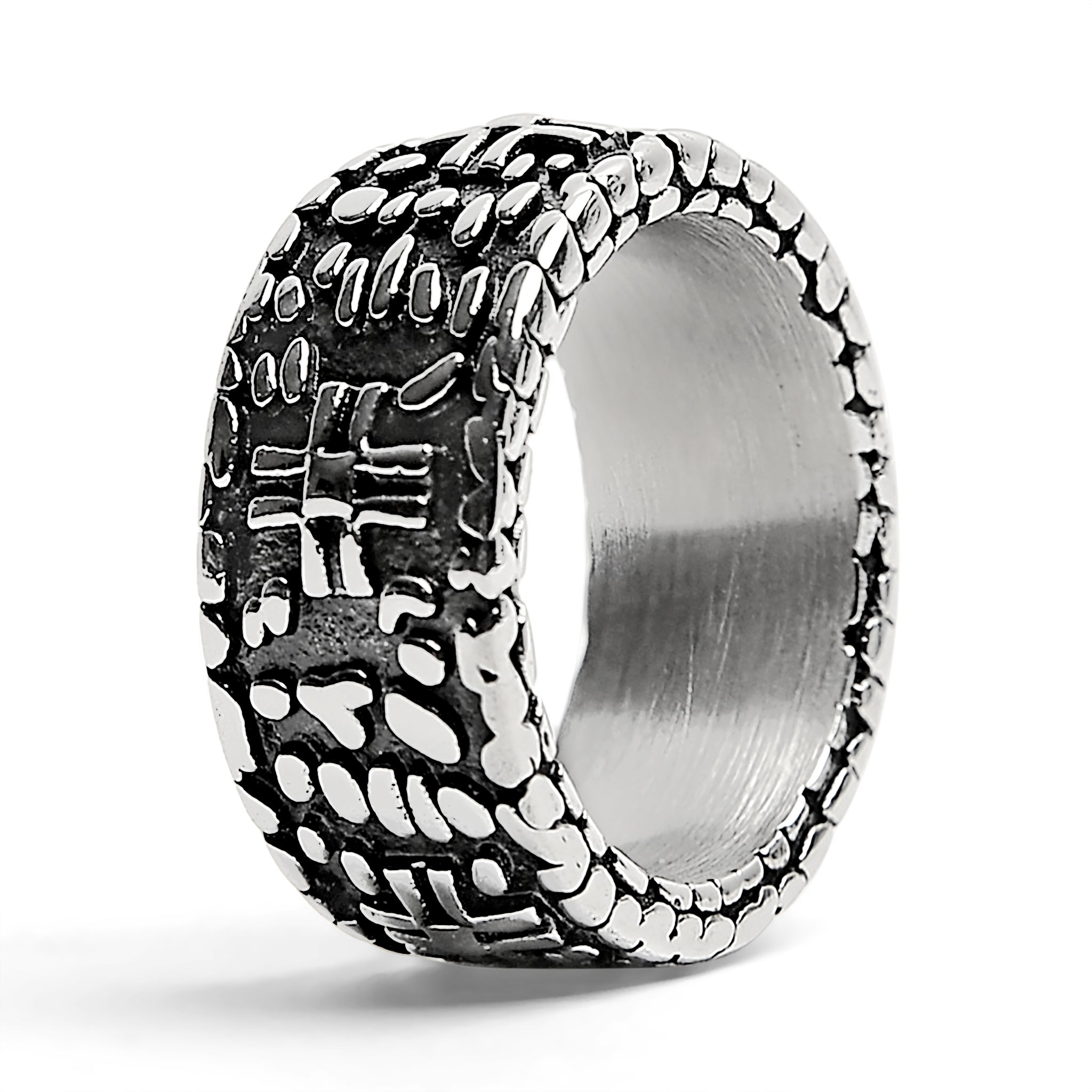 Detailed Cross In Stone Wall Stainless Steel Ring