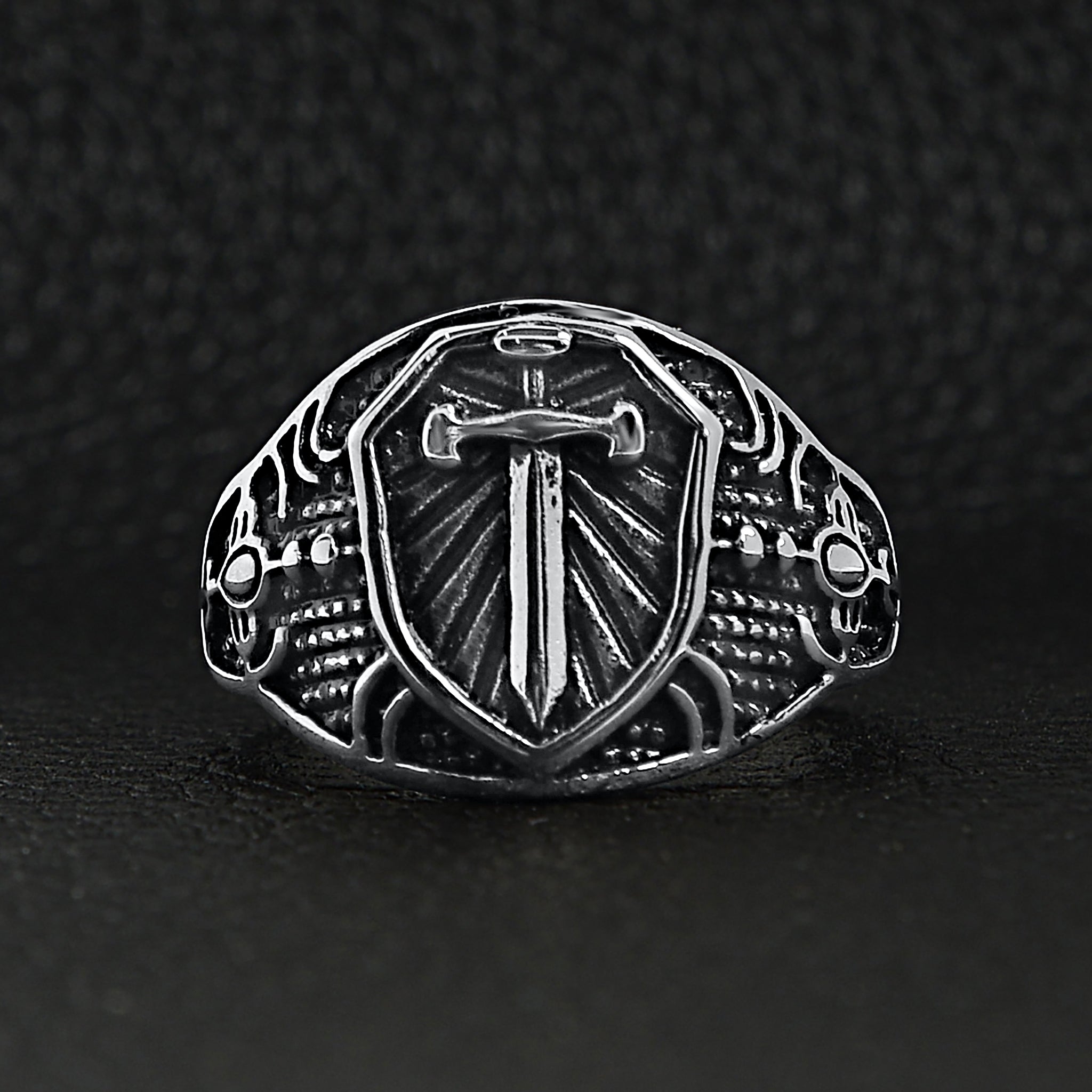 Stainless Steel Medieval Sword and Shield Signet Ring