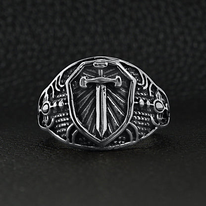 Stainless Steel Medieval Sword and Shield Signet Ring