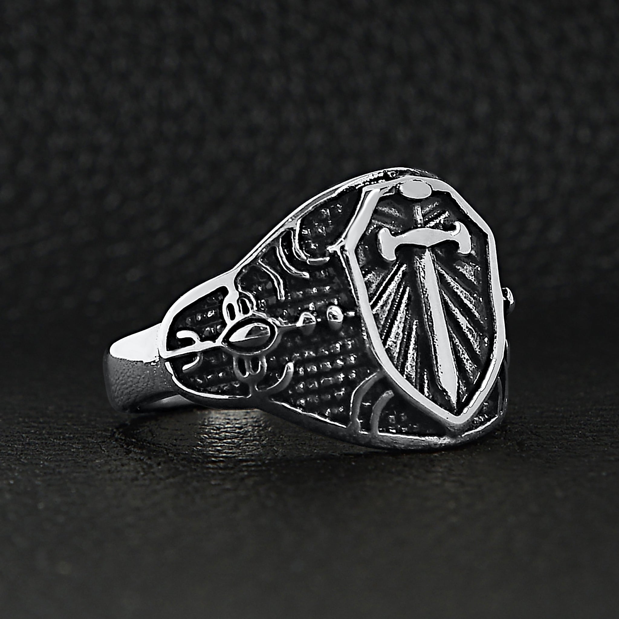 Stainless Steel Medieval Sword and Shield Signet Ring