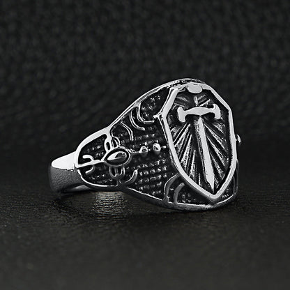 Stainless Steel Medieval Sword and Shield Signet Ring