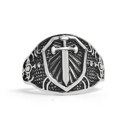 Stainless Steel Medieval Sword and Shield Signet Ring