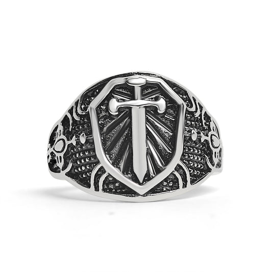 Stainless Steel Medieval Sword and Shield Signet Ring