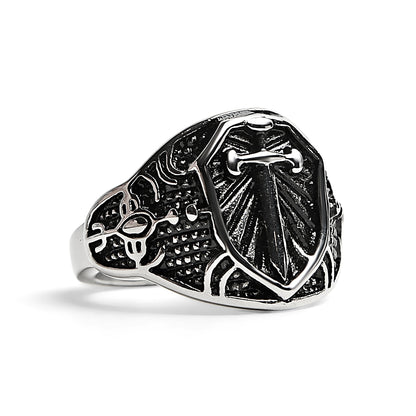 Stainless Steel Medieval Sword and Shield Signet Ring