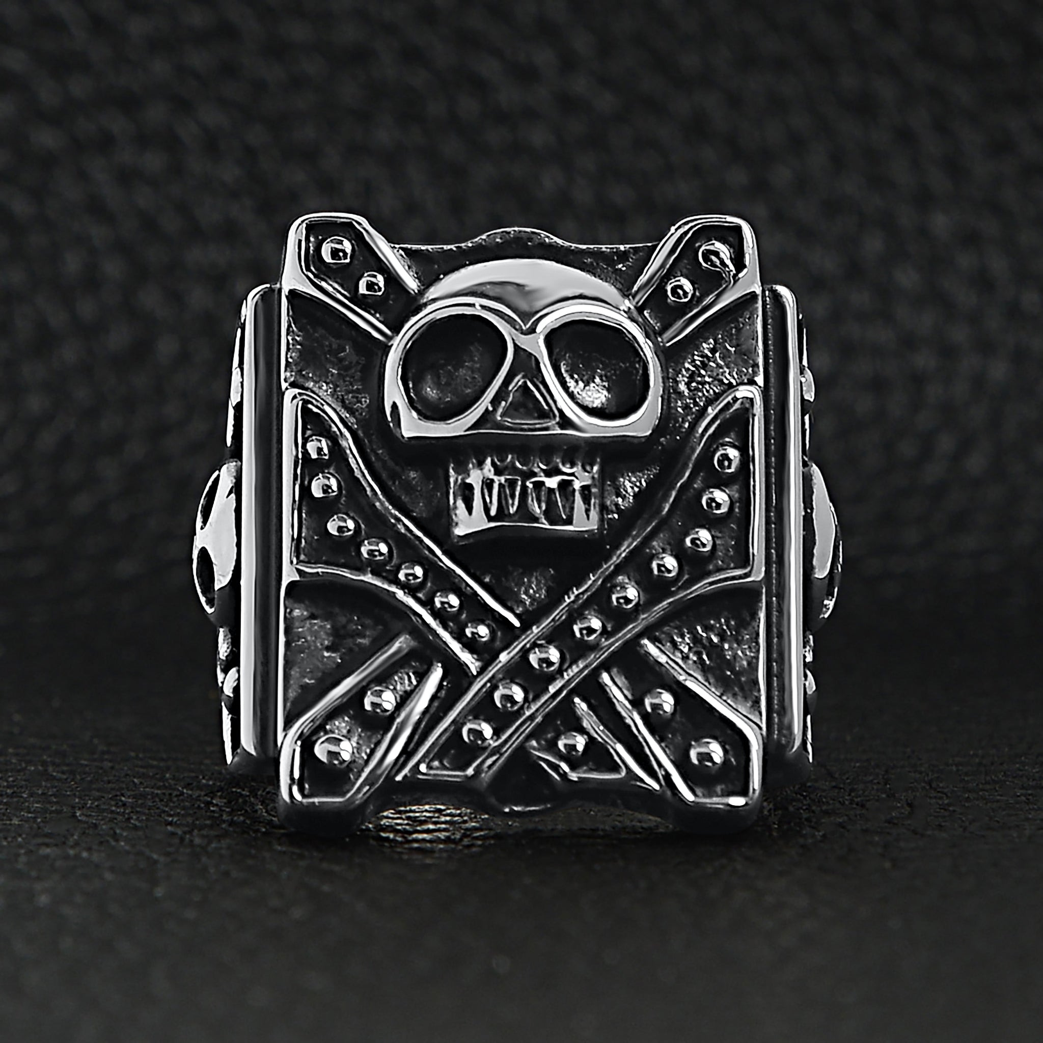 Stainless Steel Polished Studded Skull Signet Ring