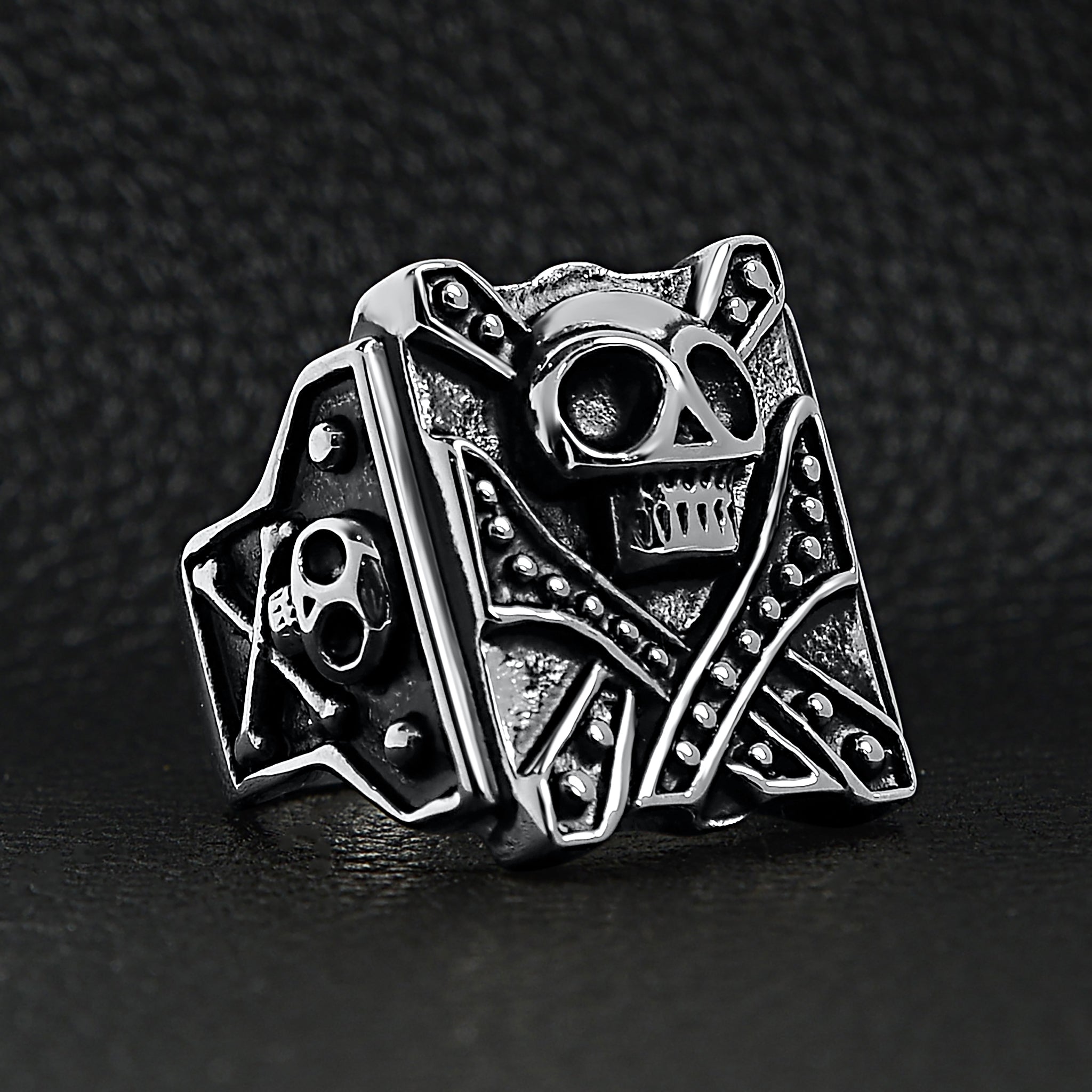 Stainless Steel Polished Studded Skull Signet Ring